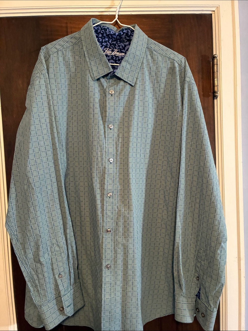 Van Heusen Teal Checked Dress Shirt with Blue Floral Trim